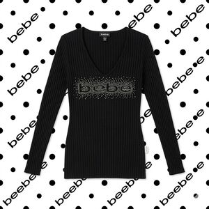 ​BEBE Black Ribbed V-Neck Long Sleeve Sweater • Rhinestone Crystal Logo
